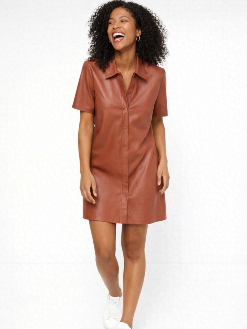 NWT Entro Faux Leather Button Front Collar Mini Shirt Dress in Cognac Size S,M,L